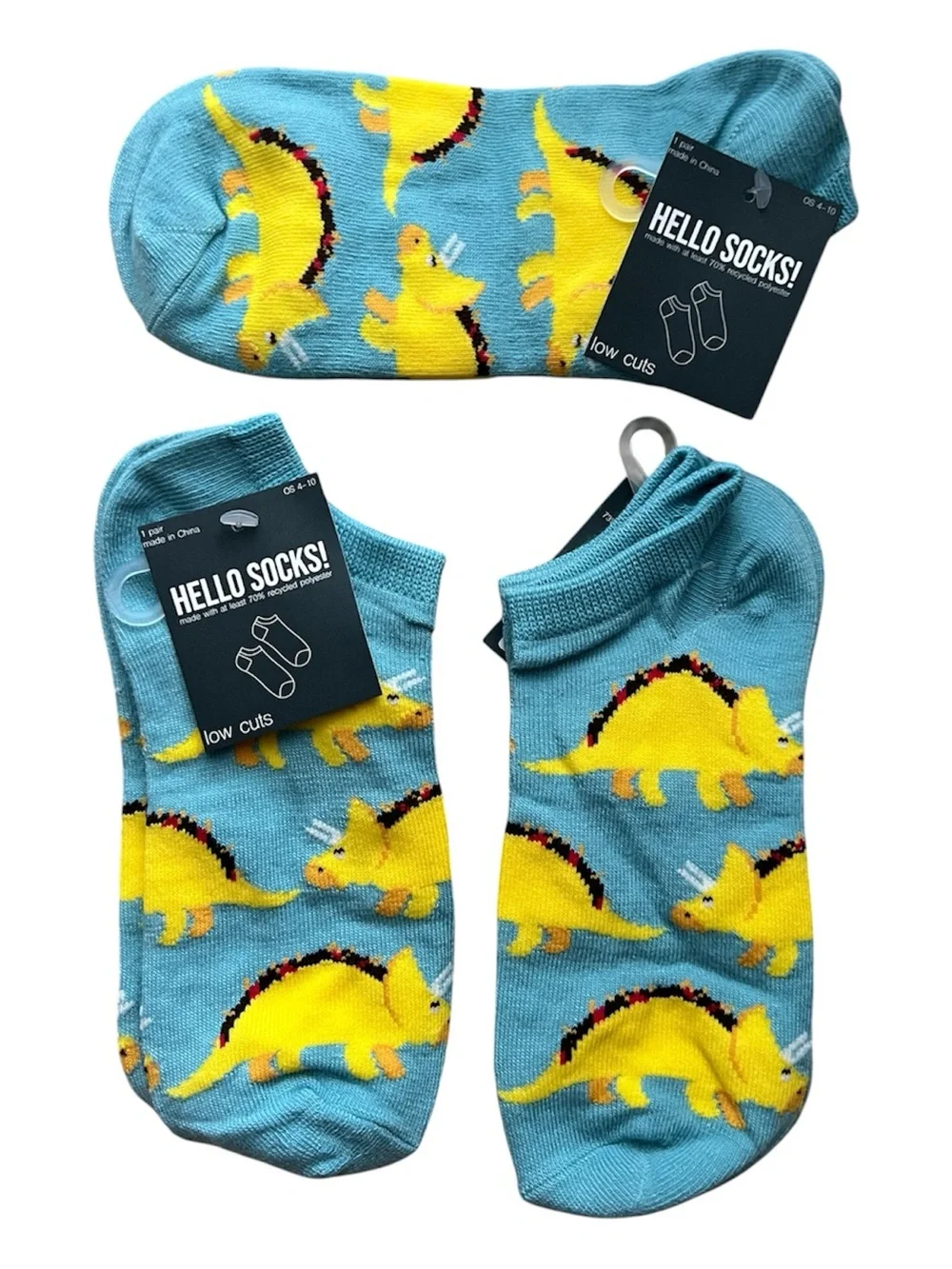 Blue Ankle Socks with Yellow Dinosaur Print